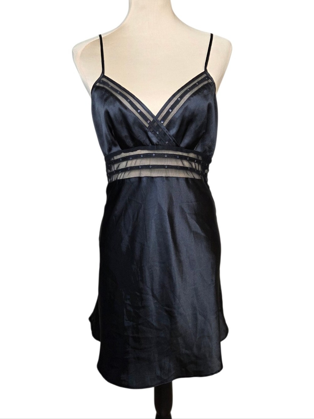 Flora Nikrooz Black Satin Slip Dress Nightgown XL Sheer Mesh Trim Rhinestones